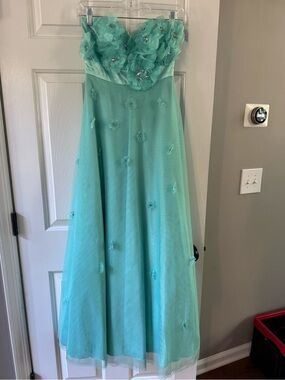 Girls' Strapless Aqua Flower Appliqué Dress